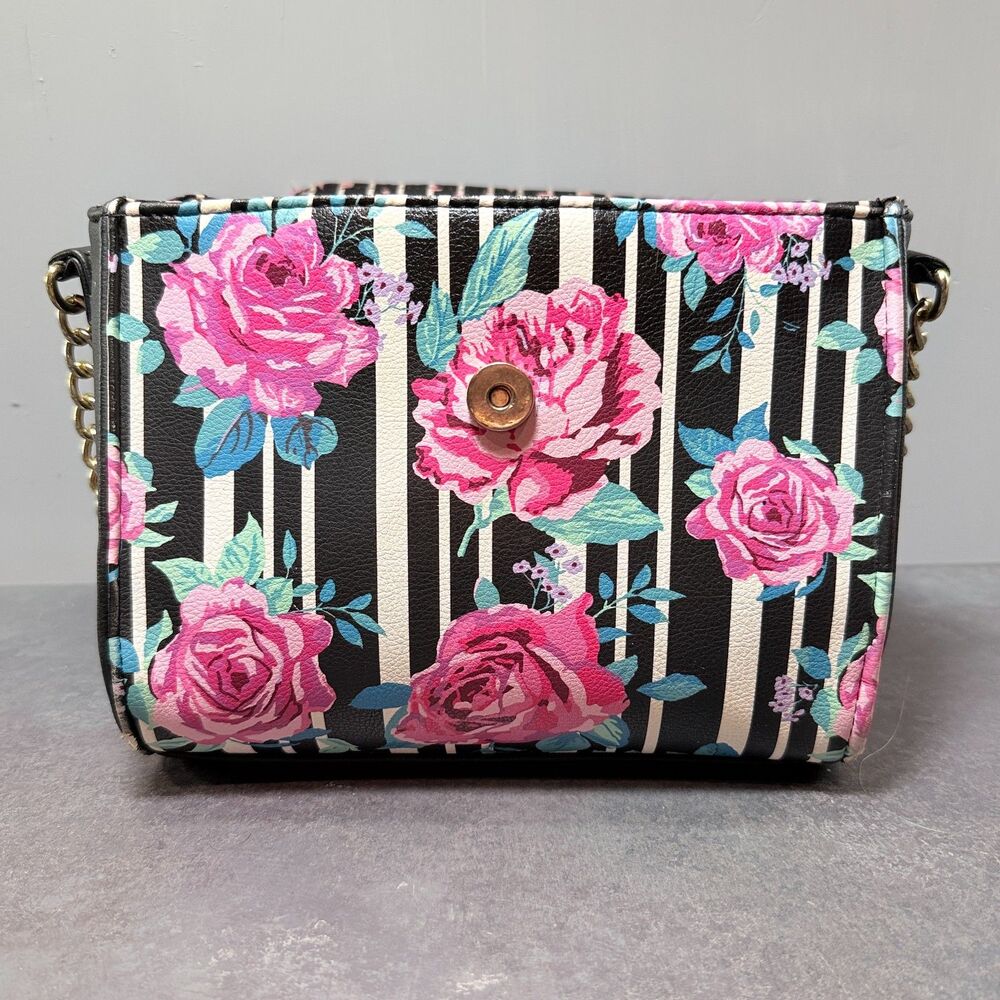 Love Betsey by Betsey Johnson Floral Stripe Crossbody Satchel Pink Chevon Handle - Picture 5 of 12